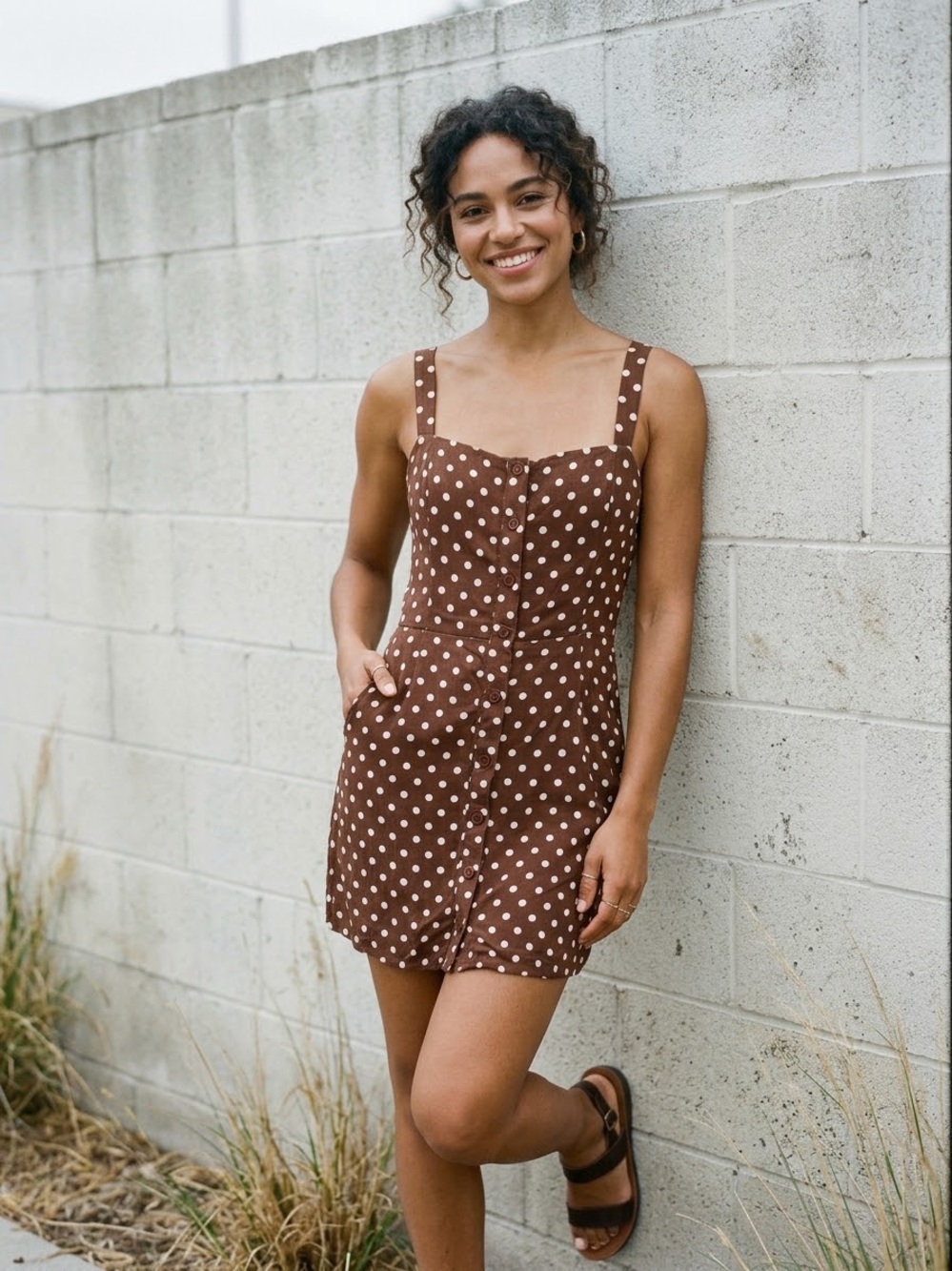 Reformation Jo Brown Polka Dot Button Front Smocked Mini Sundress Sz 12 Coquette